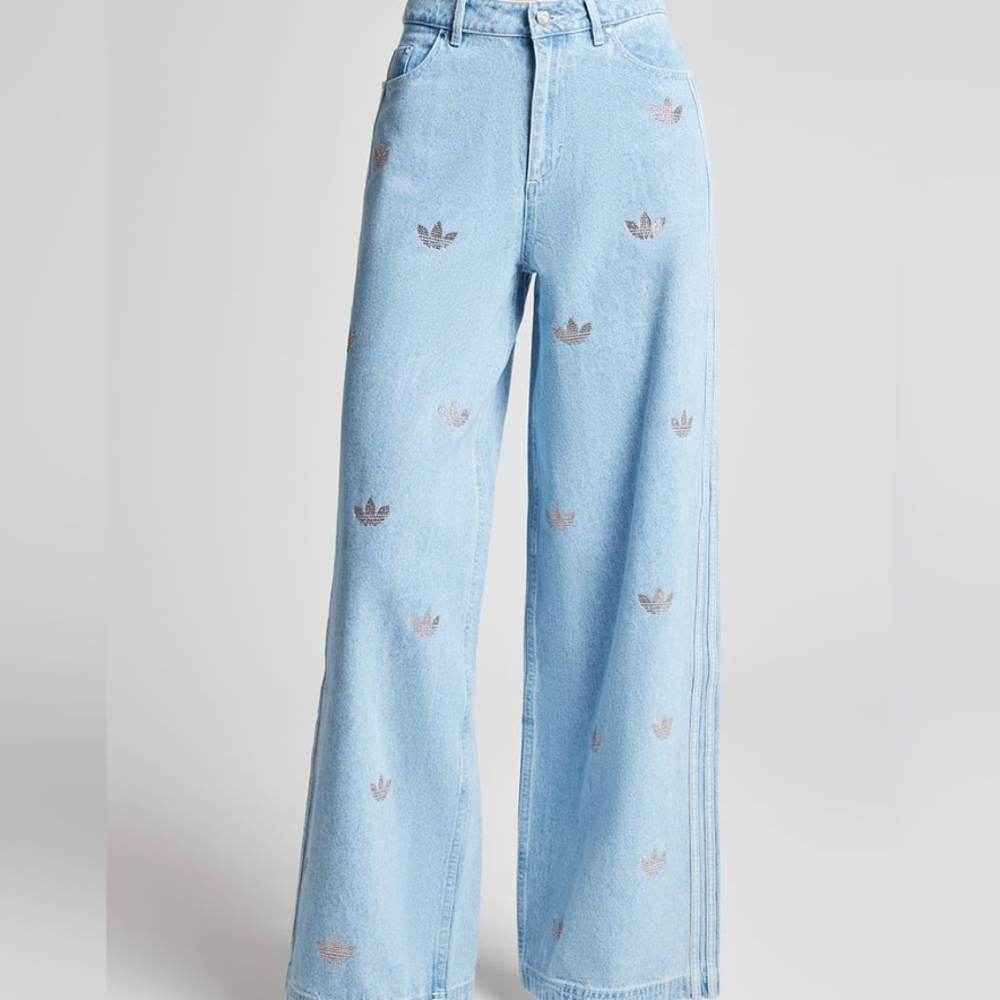 Adidas Rhinestone denim pants Glittery Logo Rhinestones Clear Blue. PANTS ONLY!! - Picture 2 of 16